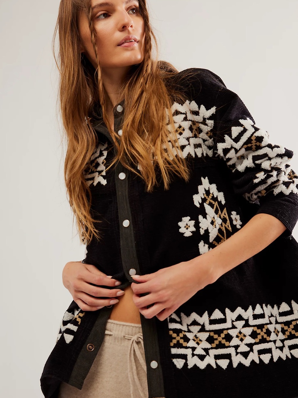 (SMALL) FREE PEOPLE WE THE FREE COZY UP HOODED EMBROIDERED SHIRT JACKET OVERSIZE